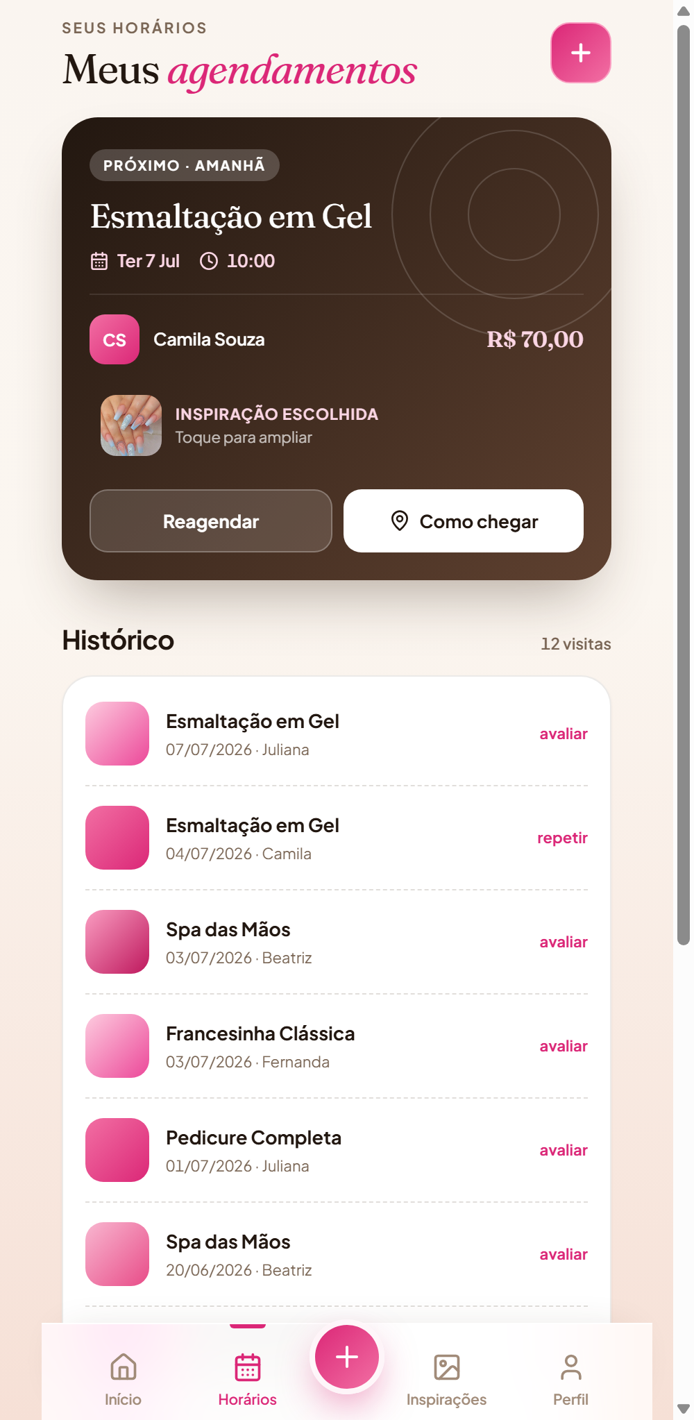 Agendamentos da cliente com inspiração escolhida