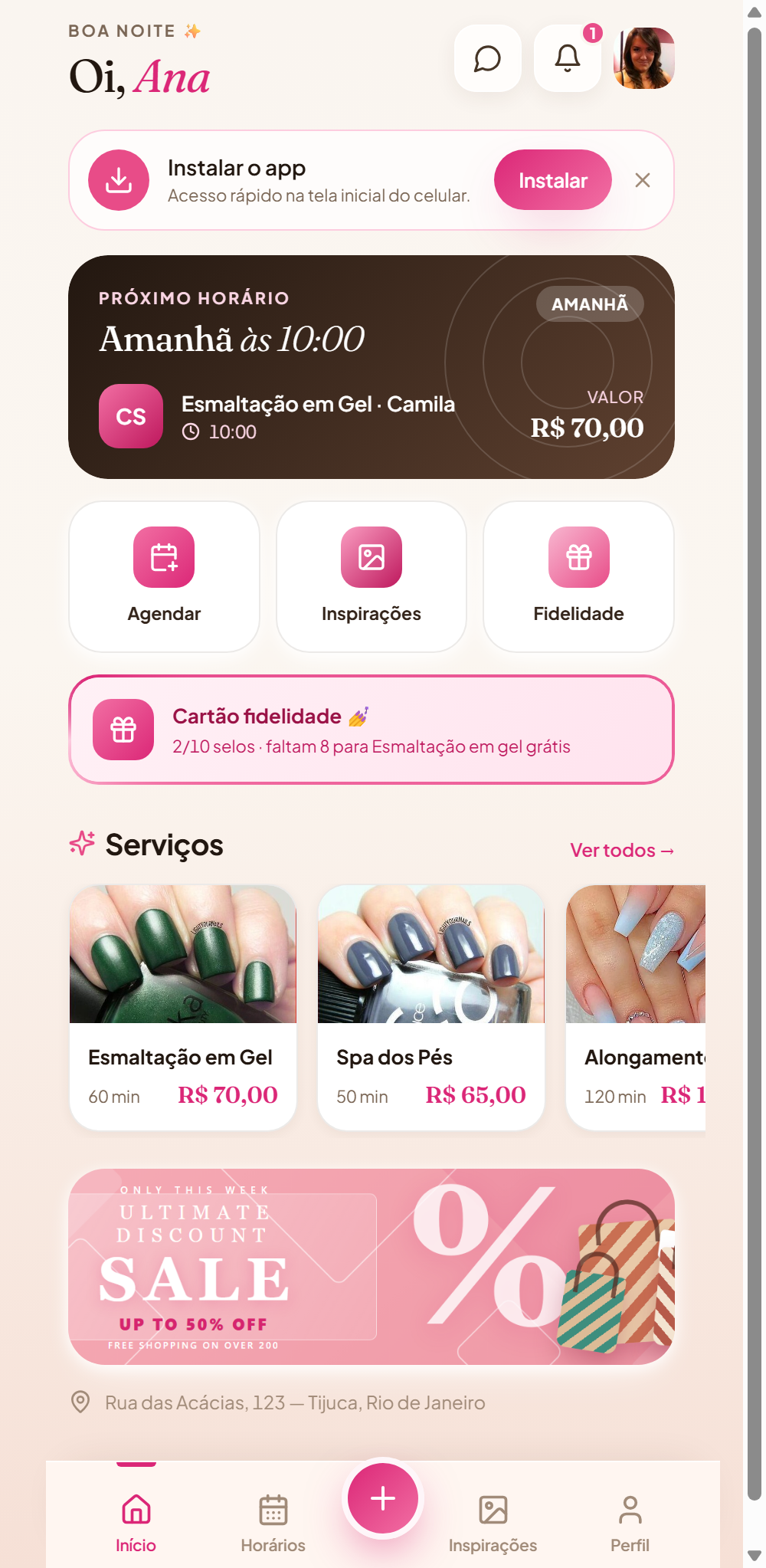 Home da cliente: o banner do parceiro aparece no meio do app