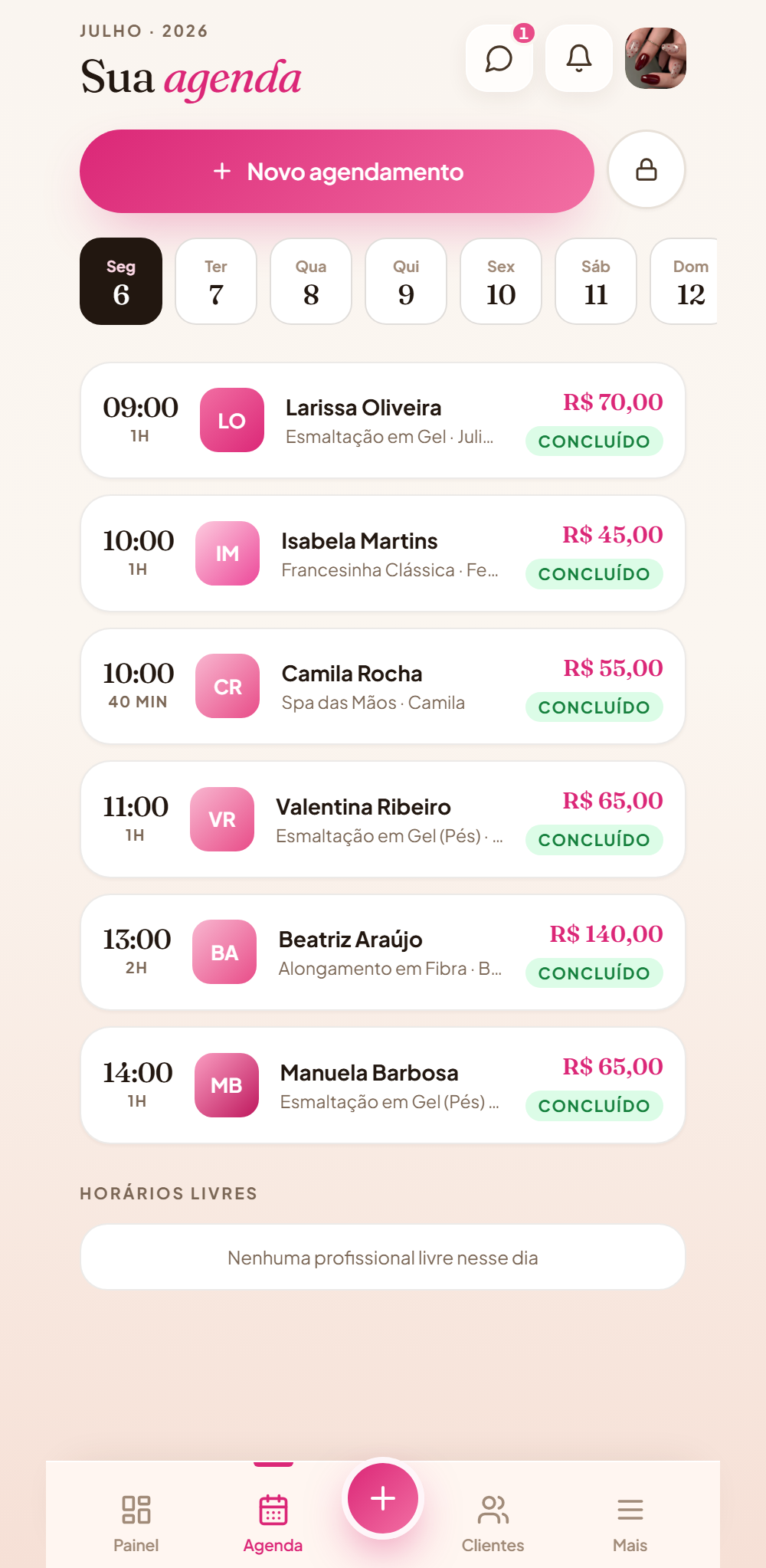 Agenda do dia com status de cada atendimento