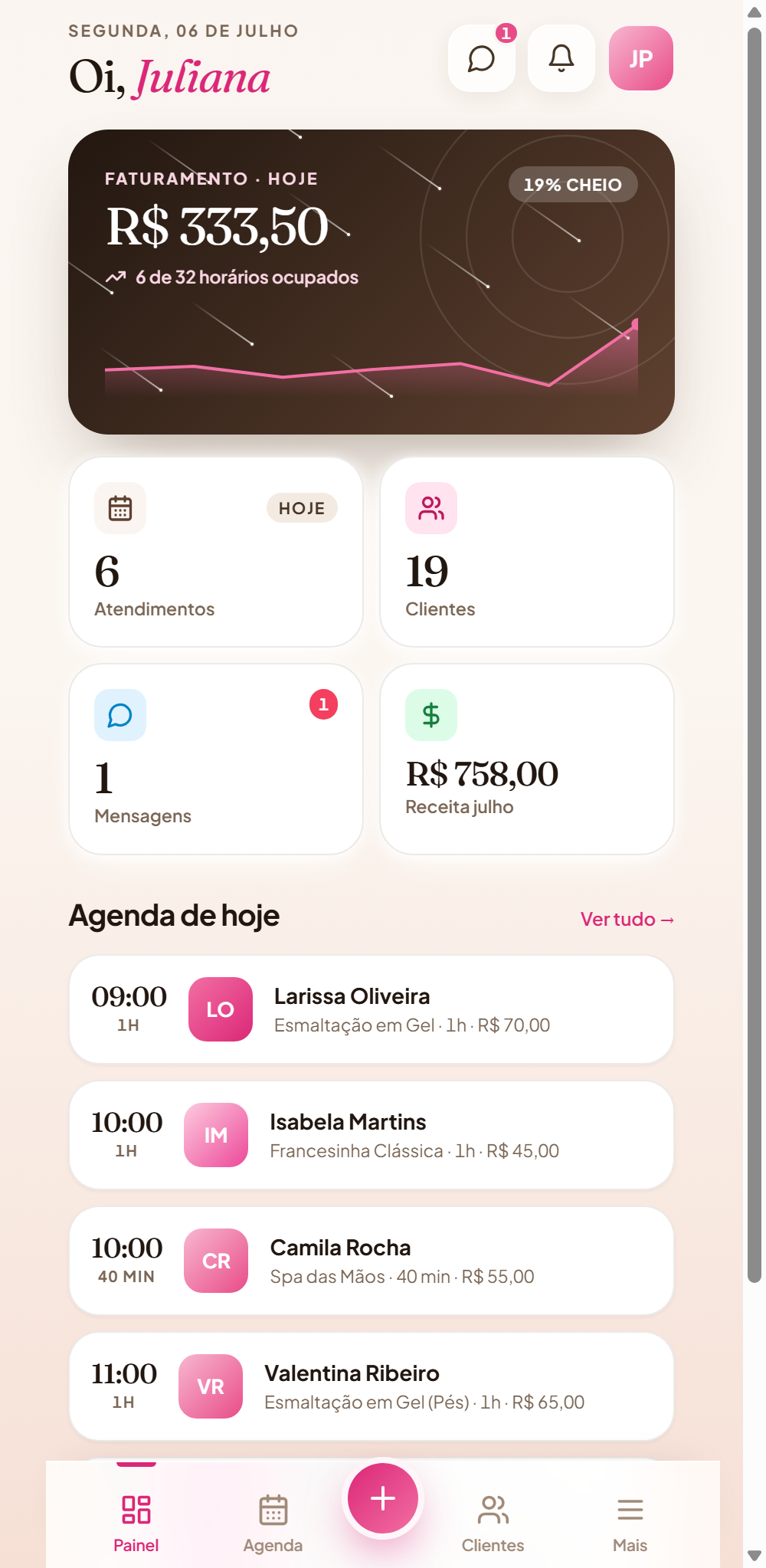 Painel da dona: faturamento do dia em tempo real